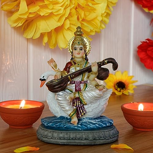 alikiki Indian Gifts Item Saraswati Statue - 5.5”H Saraswati Puja Diwali Gifts Pooja Vasant Panchami Home Office Temple Mandir Altar Yoga Studio Meditation Room Decor India Wedding Housewarming Gifts