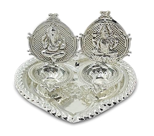 NOBILITY German Silver Diya with Red Velvet Gift Box Ganesh Lakshmi Design Idol Dia Pooja Items Diwali Decoration Puja Gifts Handmade Oil Lamp Traditional Indian Deepawali Gift Items Pack of 6 - size: 6 Sets