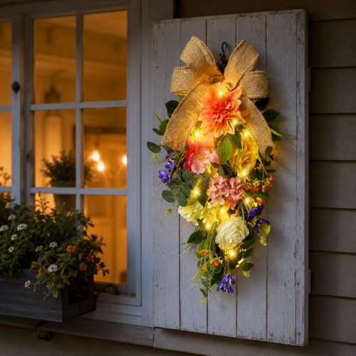 Svndlyn Lighted Spring Summer Floral Teardrop Swag with Burlap Bow, Dahlia