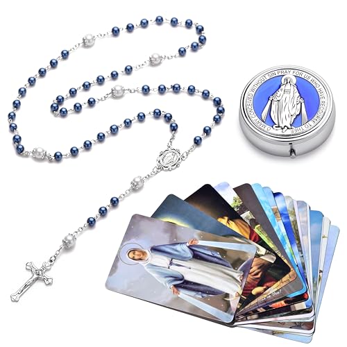 Rosary for Women with Case and 18pcs Prayer Cards, First Communion Gifts for Girls, Glass Pearl Beads and Virgin Mary Medal, Catholic Gifts - color: Blue