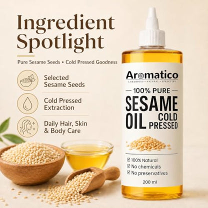 Aromatico Cold Pressed Sesame Oil for Skin, Hair and Massage, Lightweight Daily Care Oil, 7 Fl Oz - size: 7 Fl Oz