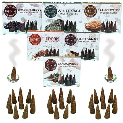 Trumiri Woody Incense Cones - Variety Pack - Total 60 Cone Incense (6 Scents x 10 Conos) - White Sage, Palo Santo, Dragons Blood, Sandalwood - Inscents-Cones Scented - Insense Cones - Incent Cone - color: Woody