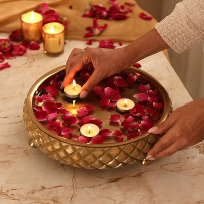 Ritualistic Chitra Handcarved Wooden Urli Bowl 11.5" Diameter | Mango Wood with Geometric Barfi Carving & Detachable Legs | Floating Candles, Flowers & Festive Décor | Diwali Housewarming Premium Gift - style: Chitra Wooden Urli