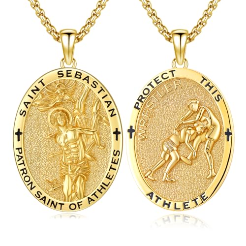 Silver/14K Gold Patron Saint Medal Amulet Necklace for Men Women - color: Gold, style: 24A-St Sebastian Wrestling