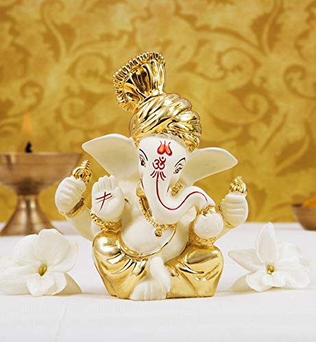 Gold Art India Ceramic Ganesh Idol for Car Dashboard Ganesha Murti Ganpati Idol for Home Decor Puja Lord Ganesh Statue Gift for Office Desk Puja Room Figurine (6x4x3cm, Gold) - color: Gold
