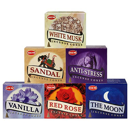 Hem Incense Cones Variety Pack #6 and Cone Incense Burner Bundle with 6 Most Admired Fragrances - color: Popular 6d