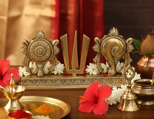 eSplanade Brass Shankh Chakra Namah Showpiece | Shankha Chakra Tilak | Shankha Gada Padma | Padmanabha Swami | Vishnu | Home Decor (8.75 Inches)