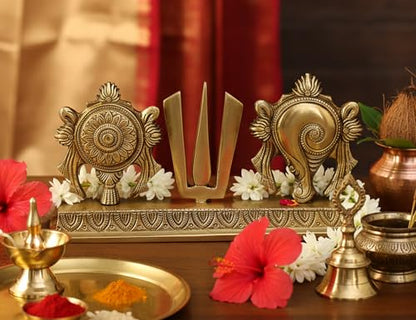 eSplanade Brass Shankh Chakra Namah Showpiece | Shankha Chakra Tilak | Shankha Gada Padma | Padmanabha Swami | Vishnu | Home Decor (8.75 Inches)