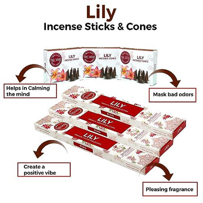 Lily Incense Sticks & Incense Cones Combo Pack - 60 Insence-Sticks + 30 Insence Cones - Inscense - Incense Cones Scented - Insents - color: Lily