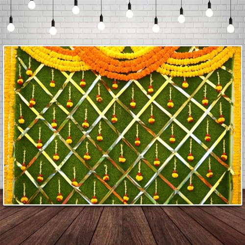 India Diwali Backdrop Puja Hindu Mehndi Festival Background Ganpati Pooja Backdrop India for Bridal Shower Wedding Party Marigold Garlands Photo Props 20X10FT - color: Green, size: 20x10FT