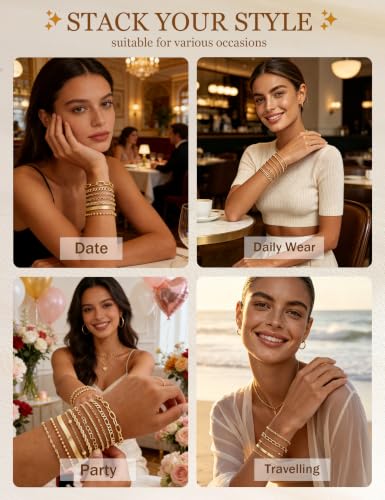 10 Pcs 14K Gold Plated Bracelet for Women, Dainty Stackable Chain Set - color: Gold