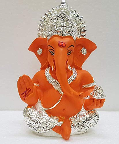 India 24K Silver Plated Orange Terracotta Ganesha Statue for Car Dashboard God Ganesh Murti Ganpati Idol Figurine