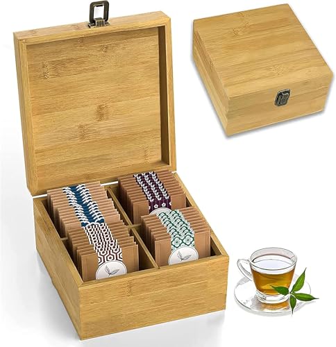 Bamboo Tea Organizer Box Chemical Free Big, Tall, Adjustable Cubbies Natural Wooden Storage Chest (4-Slot Square 7.4" x 8.1" x 4.2" Blank) - color: Solid Bamboo, size: 4-Slot Square