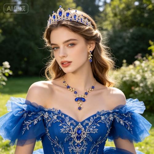 Kamirola Tiaras and Crowns for Women,Tiaras Earrings Necklace, Crystal Bridal Jewelry Set, Costume Party Halloween Prom Pageant Jewelry for Women(TR45) - color: Gold Blue