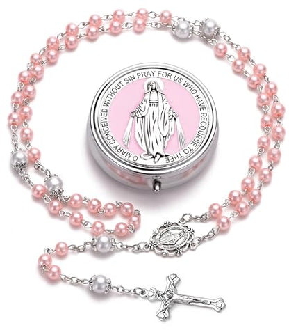 Rosary for Women with Case and 18pcs Prayer Cards, First Communion Gifts for Girls, Glass Pearl Beads and Virgin Mary Medal, Catholic Gifts - color: Pink