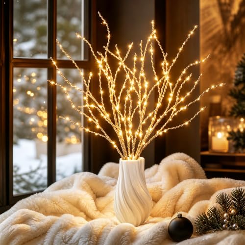 200 LED Battery-Operated and USB Operated Branch Lights for Vase Filler, Artificial Lighted Willow Branches, Brown Illuminated Twig Branches for Christmas Home Decor and Indoor Decoration - size: 200LED