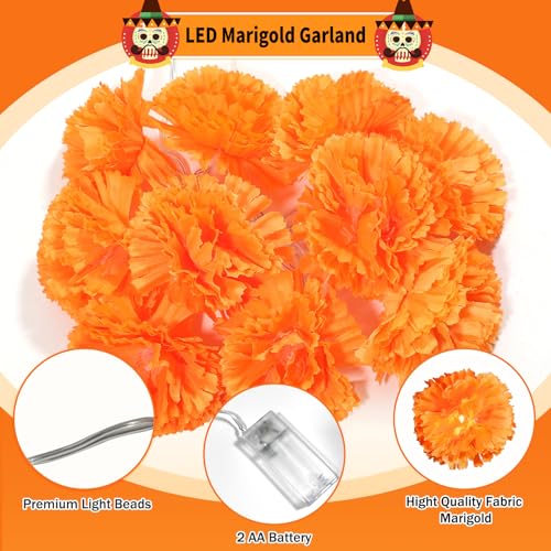 1 Pack Lighted Marigold Garland 10 LED Artificial Marigold Flowers String Lights Dia de Los Muertos Decorations for Halloween Diwali Indian Party (1, 5 Ft 10 LED) - size: 5 Ft 10 LED