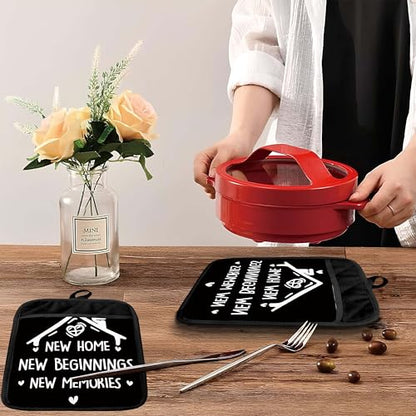 Housewarming Gifts Pot Holders with Pockets, New Homeowner Gifts, New Home Beginnings Memories Oven Pot Holders Heat Resistant Oven Mitts Hot Pads for Kitchen Baking Cooking - color: Black Sweet Home-c