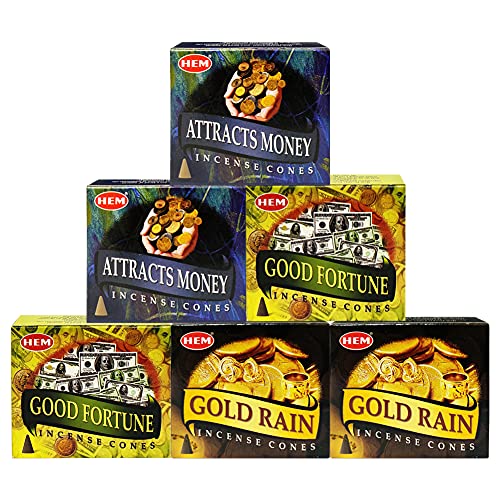 Attracts Money Good Fortune Gold Rain Incense Cones & Holder Bundle Variety Pack from Hem Trumiri Insense Insence - color: Attracts Money & Good Fortune & Gold Rain