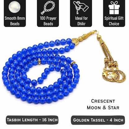 Amazing Gemstone Crystal Tasbeeh with Moon and Star Charm - Certified Crystal Muslim Prayer Beads Natural Gemstone Tasbih Gift for Ramadan Dhikr and Daily Namaz (G) - color: Blue Jade