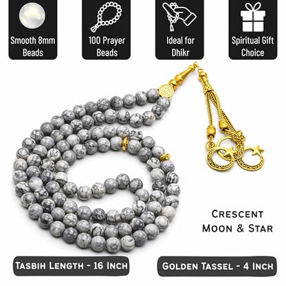 Amazing Gemstone Crystal Tasbeeh with Moon and Star Charm - Certified Crystal Muslim Prayer Beads Natural Gemstone Tasbih Gift for Ramadan Dhikr and Daily Namaz (G) - color: Black Piccaso