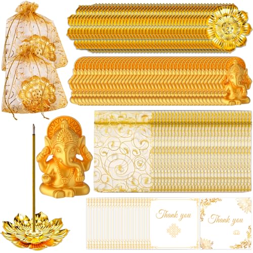 200 Pack Diwali Gifts Bulk with 50 Lotus Incense Holders, 50 Mini Golden Ganesha Ornaments, Organza Bags & Thank You Cards – Indian Return Gifts for Pooja, Festivals & Celebrations (Golden Set)(50)