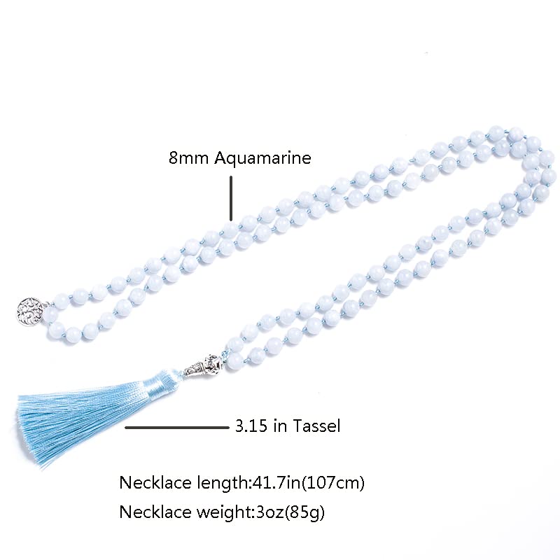 108 Mala Prayer Beads Necklace Natural Stones Meditation Yoga Jewery 108 Hand Knotted Japa Mala Beaded Long Tassel Necklace with Tree of Life Pendant for Men and Women - color: Aquamarine