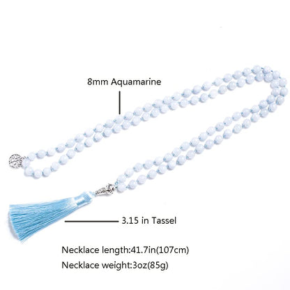 108 Mala Prayer Beads Necklace Natural Stones Meditation Yoga Jewery 108 Hand Knotted Japa Mala Beaded Long Tassel Necklace with Tree of Life Pendant for Men and Women - color: Aquamarine