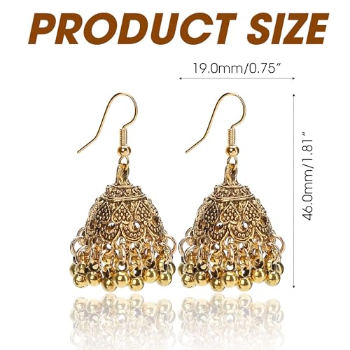 2 Pair Vintage Jhumkas Earrings 1.8'' for Women, Handmade Ethnic Antique Traditional Gold Plated Silver Earring - Small Indian Jhumki Jewelry Micro Earring Bell Tassel Drop Hanging Pendientes