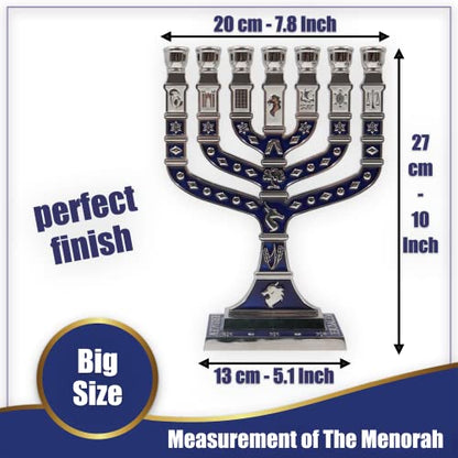 Jerusalem 7 Branch Traditional Menorah Enamel Finish, with 12 Tribes of Israel, Jewish Candle Holders (10.8 inch) - color: Silver Blue
