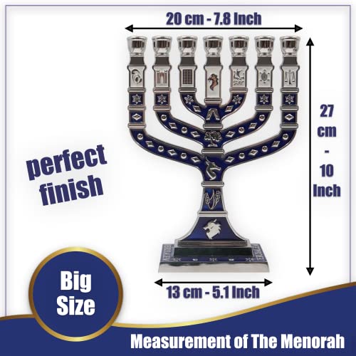 Jerusalem 7 Branch Traditional Menorah Enamel Finish, with 12 Tribes of Israel, Jewish Candle Holders (10.8 inch) - color: Silver Blue