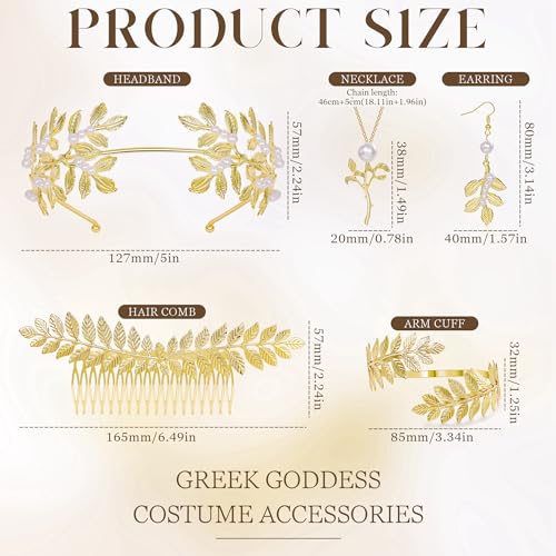 NICEIGHT 7Pcs Greek Goddess Costume Accessories for Women Gold Greek Leaf Crown Upper Arm Cuff Artificial Leaf Drop Earrings Necklace Golden Laurel Leaf Bridal Hair Comb for Wedding Cosplay Party - color: Gold-B