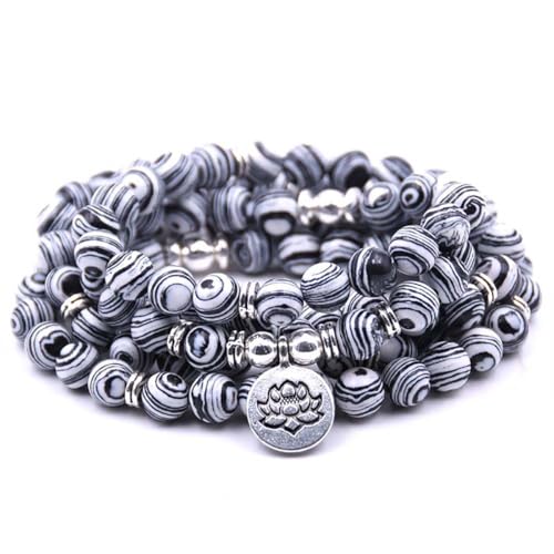 108 Mala Beads Bracelet Necklace - Gemstone Prayer Beads with Lotus Charm for Meditation & Yoga - style: Spiderweb Jasper