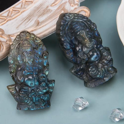 ZORZA 1Pcs Natural Labradorite Crystal Ganesha Statue Divine Hindu Ganesha Statue as Conscious Items for Meditation, Altar Kit Decoration for Yoga Room,Small Ganesh for Car Dashboard