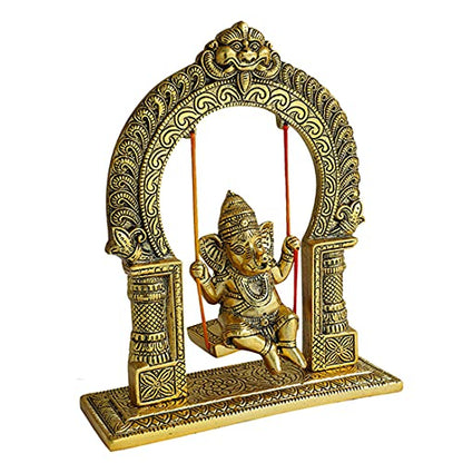 Ganesh Swing/ Metal Ganesha Sitting jhula and Decorative Statue/Ganesh Jhula Jhoola/ God Ganpati Idol on Swing for Temple Pooja Office Showpiece/Indian Traditional New year Gifts (Size:-8''X12'')