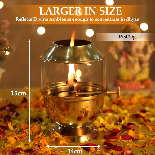 Pure Brass Akhand Jyot Diya with Borosilicate Glass Cover - Medium Size Adjustable Wick Lever 250ml Oil Capacity 48-Hour Burn Time Authentic Oil Lamp for Prayer and Meditation - Gold - size: Medium Without Plate
