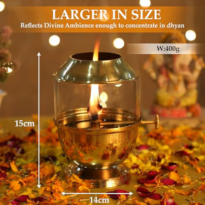 Pure Brass Akhand Jyot Diya with Borosilicate Glass Cover - Medium Size Adjustable Wick Lever 250ml Oil Capacity 48-Hour Burn Time Authentic Oil Lamp for Prayer and Meditation - Gold - size: Medium Without Plate