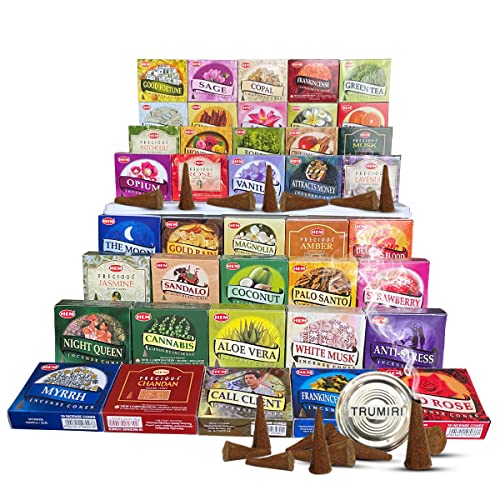 Hem Incense Cones Variety Pack of 12 Randomly Selected Fragrances and Incense Cone Holder Bundle Total 120 Cones - color: Random 12