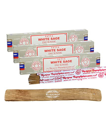 Satya Nagchampa White Sage Incense Sticks, Satya Bng (Bangalore) Insenses 15gmx3 Pack (45 GMS) with Raajsee Incense Holder Bundle, Satya Nagchampa Natural Incense - color: White Sage