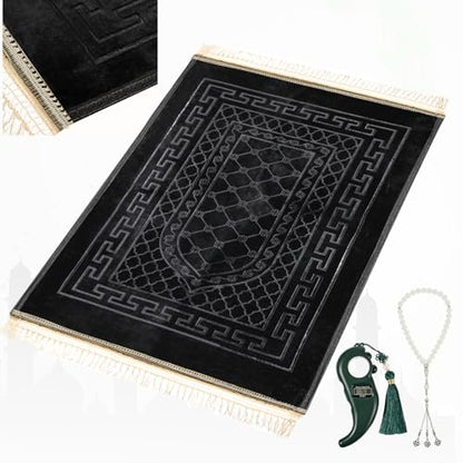 FUMMI Soft Padded Muslim Prayer Rug with Tasbih Beads, Thick Non-Slip Islamic Prayer Mat, Luxurious Janamaz for Men & Women (Black) - color: Black(with Counter)