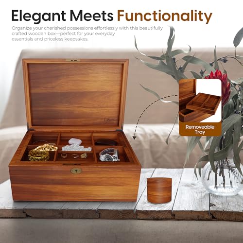 LUSH & STYLE Acacia Wooden Box, Keepsake With Hinged lid and locking keys, Decorative, Memory, Wooden Storage Boxes, Customizable With Adjustable Tray,keepsake trunk (Divider Model) Large 11x9x5 Inch - style: Modern