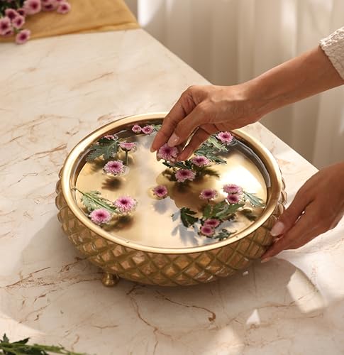 Ritualistic Chitra Handcarved Wooden Urli Bowl 11.5" Diameter | Mango Wood with Geometric Barfi Carving & Detachable Legs | Floating Candles, Flowers & Festive Décor | Diwali Housewarming Premium Gift - style: Chitra Wooden Urli