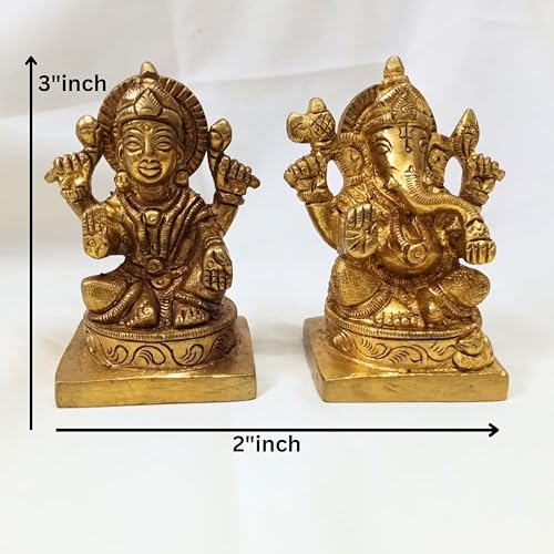 Brass Ganesh Laxmi Statue 3 Inch (530g) – Handmade Lord Ganesha & Goddess Lakshmi Idol for Home Temple, Puja Room, Diwali Decoration, Hindu Religious Gift, Brass Murti for Prosperity & Blessings