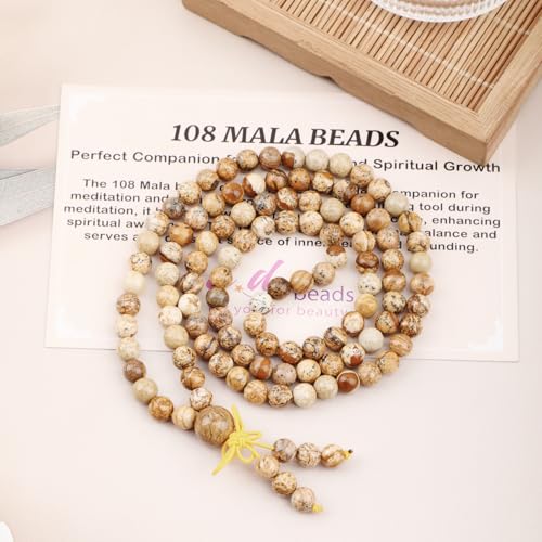 AD Beads 6mm 8mm 108 Prayer Mala Jasper Elastic Bracelet - Handmade Yoga Meditation Healing Power Energy Gifts for Unisex Adult. - color: Picture Jasper(Spiritual)