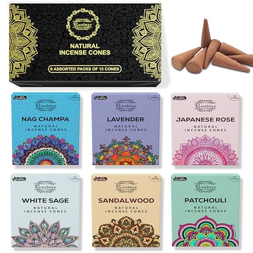 Raajsee Natural Incense Cones,6 Pack Mixed Scents Gift Pack 15 pc Each (90 Total), Insense Cones Variety Pack, 100% Organic Non Toxic Natural - Hand Rolled Free from Chemicals (Pack 1) - color: Pack 1