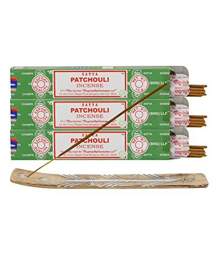 Satya Patchouli Incense Sticks, Satya Bng (Bangalore) Insenses 15gmx3 Pack (45 GMS) with Raajsee Incense Holder Bundle, Satya Nagchampa Natural Incense - color: Patchouli