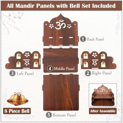 Small Pooja Mandir for Home Wall Mount & Tabletop | Wooden Temple with Bells | Mini Mandir for Office, Home, Daily Worship & Decor