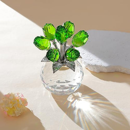 Movdyka Green Crystal Rose Glass Flowers with Vase Figurine Home Decor - color: Green -Crystal Rose