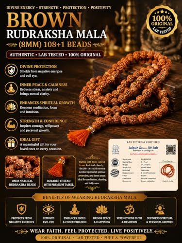 BRIJ HAAT Panch mukhi rudraksha mala 108+1 Beads for Meditation Brown