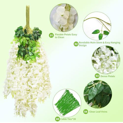 Wisteria Hanging Flowers, 24 Pcs Artificial Wisteria Garland Flower Vines - color: White, size: 24 Pack